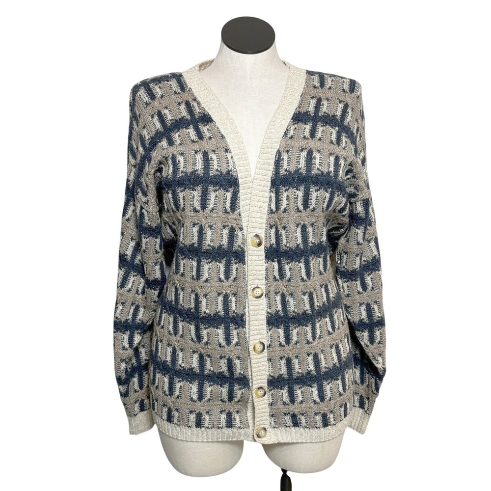 Crossings Knit Cardigan Gpa Sweater Tan Blue Knit V-Neck Button Front Size L